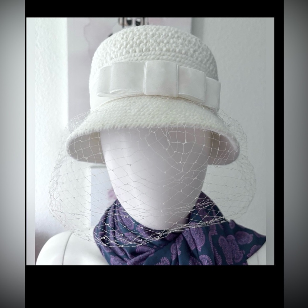 Everitt Vintage Wool Bucket Hat Cloche Bow Fishnet Face Veil Cream White 6.75” - Picture 1 of 9